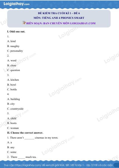 Đề thi học kì 1 Tiếng Anh 4 Phonics Smart - Đề số 6